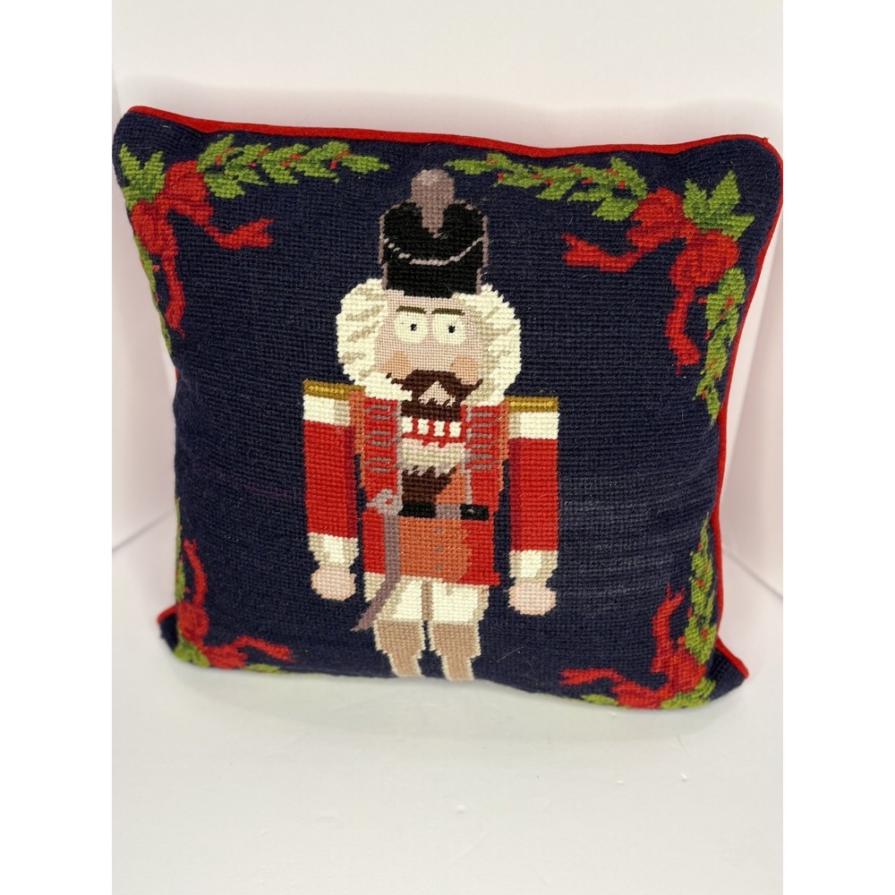Needlepoint Nutcracker Pillow New Zealand Wool Yarn  Cotton Velveteen Red Back